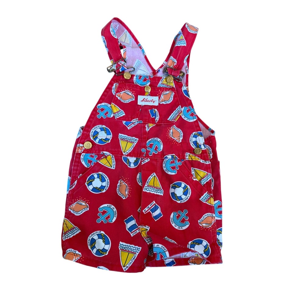 Vintage Liberty Kids Red Nautical Anchor Sailboat Print Overalls Shortalls Sz 5